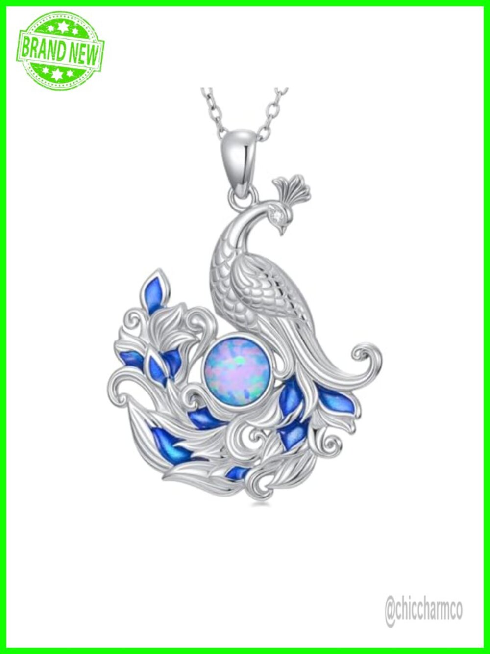925 Sterling Silver Peacock Pendant Necklace Blue Opal Bird Jewelry